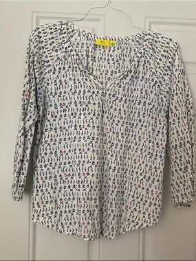 Roller Rabbit White Blouse with Navy, Pink & Green Motif